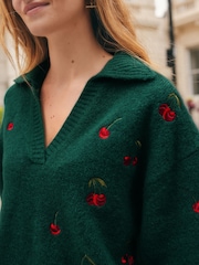 Green Cherry Embroidery Open Collar Polo Half Sleeve Jumper With Wool - Image 6 of 9