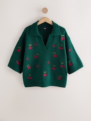 Green Cherry Embroidery Open Collar Polo Half Sleeve Jumper With Wool - Image 7 of 9