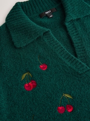 Green Cherry Embroidery Open Collar Polo Half Sleeve Jumper With Wool - Image 9 of 9