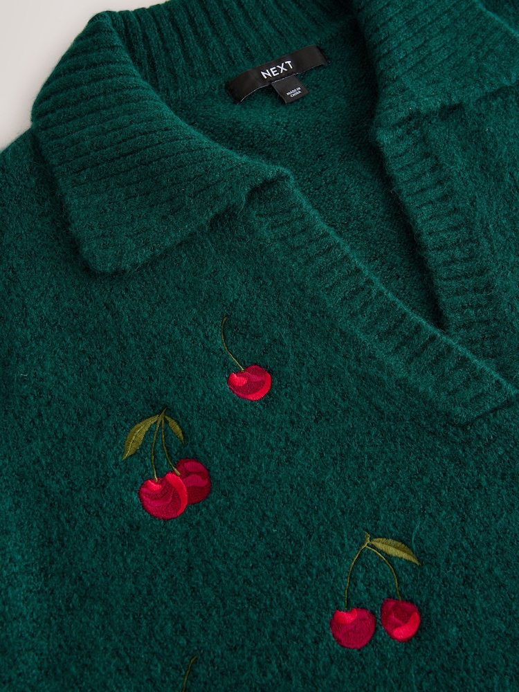 Green Cherry Embroidery Open Collar Polo Half Sleeve Jumper With Wool - Image 9 of 9