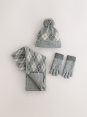 Grey/White Argyle Hat Scarf & Gloves Set 3 Piece (3-16yrs) - Image 1 of 4