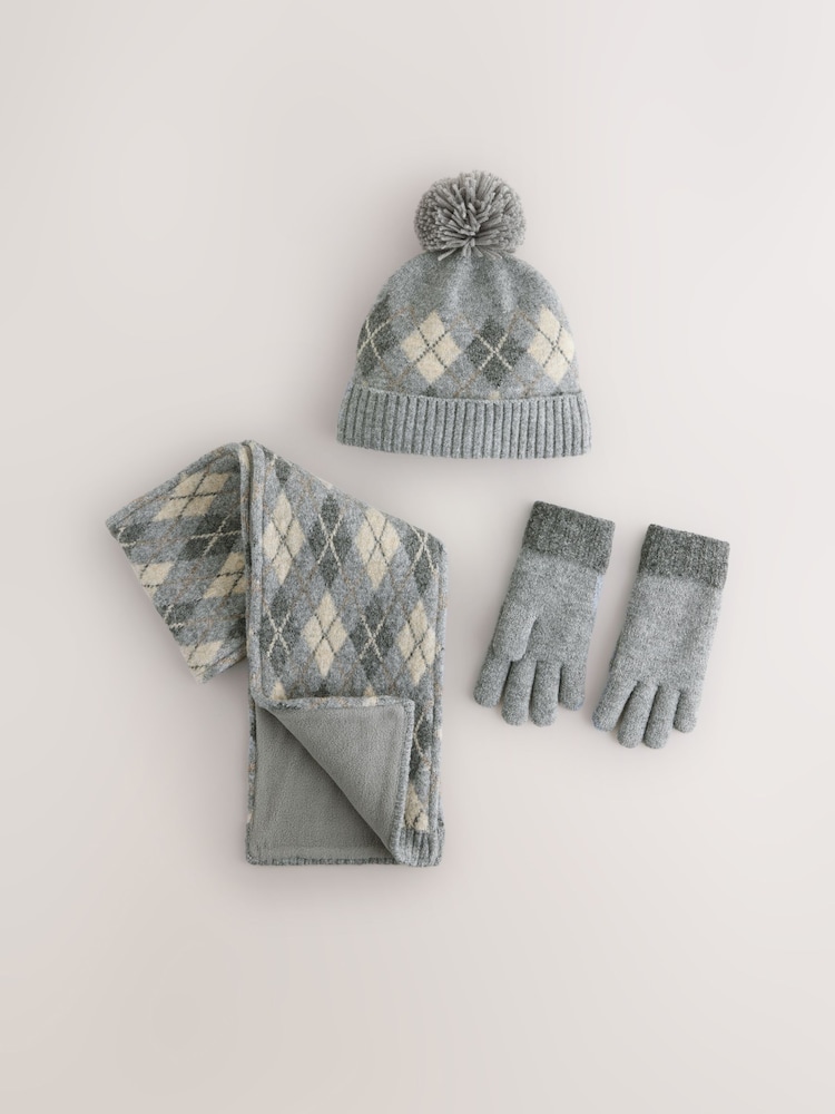 Grey/White Argyle Hat Scarf & Gloves Set 3 Piece (3-16yrs) - Image 1 of 4
