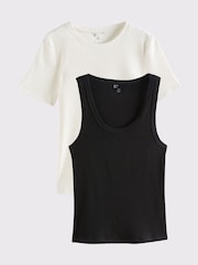 Friends Like These Black and Ivory 100% Cotton Ribbed Jersey Tops and Vests 2 Pack - Image 1 of 7