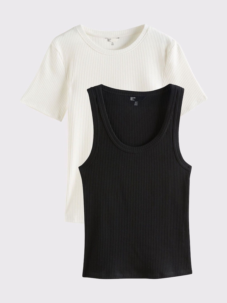 Friends Like These Black and Ivory 100% Cotton Ribbed Jersey Tops and Vests 2 Pack - Image 1 of 7
