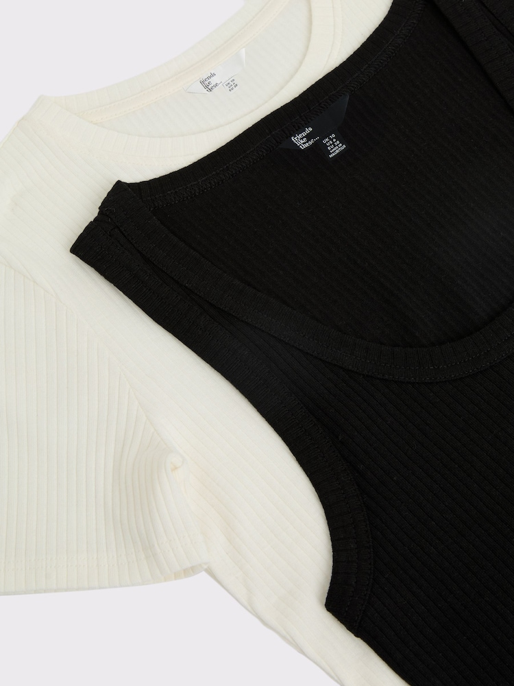 Friends Like These Black and Ivory 100% Cotton Ribbed Jersey Tops and Vests 2 Pack - Image 7 of 7
