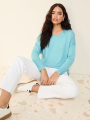 Friends Like These Aqua Green Soft Jersey V-Neck Long Sleeve Tunic Top - Image 1 of 5