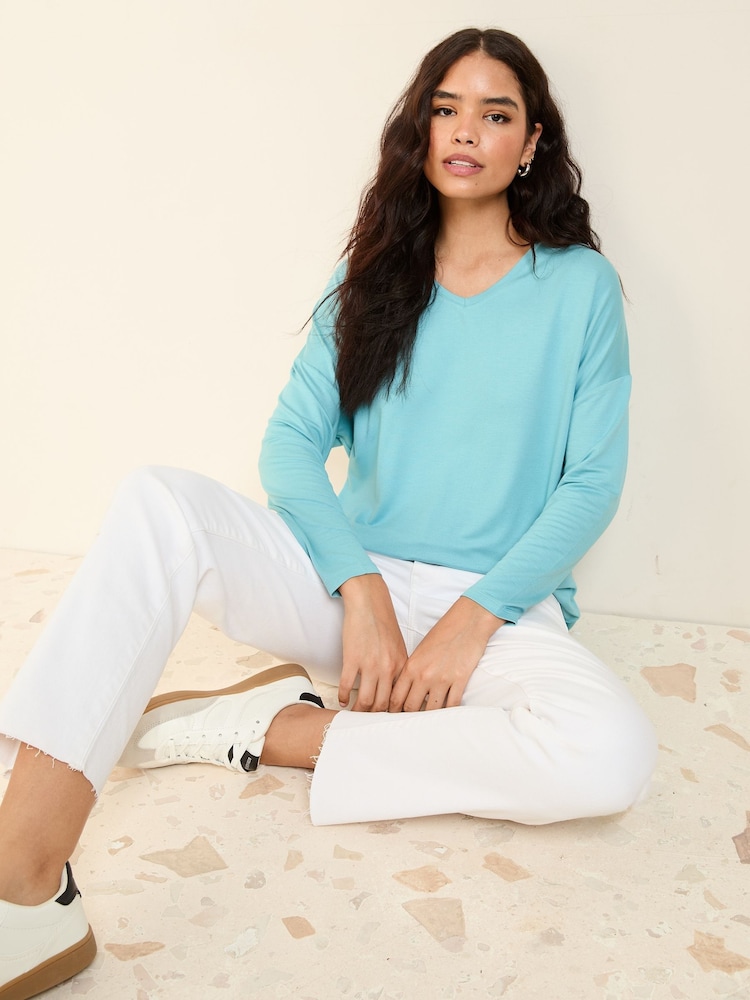 Friends Like These Aqua Green Soft Jersey V-Neck Long Sleeve Tunic Top - Image 1 of 5