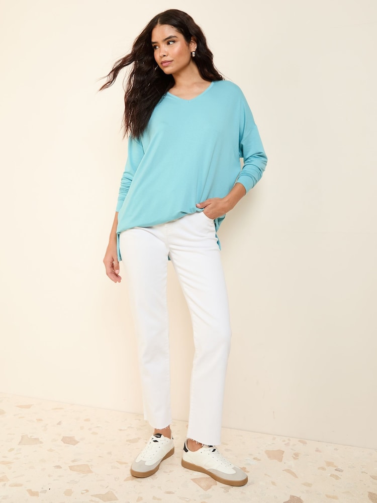 Friends Like These Aqua Green Soft Jersey V-Neck Long Sleeve Tunic Top - Image 4 of 5