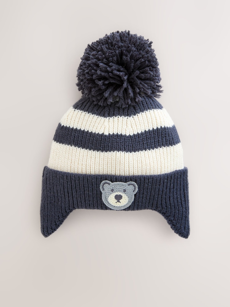Navy Blue/White Stripe Bear Pom Hat (3mths-10yrs) - Image 1 of 3
