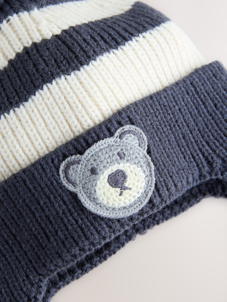 Navy Blue/White Stripe Bear Pom Hat (3mths-10yrs) - Image 2 of 3