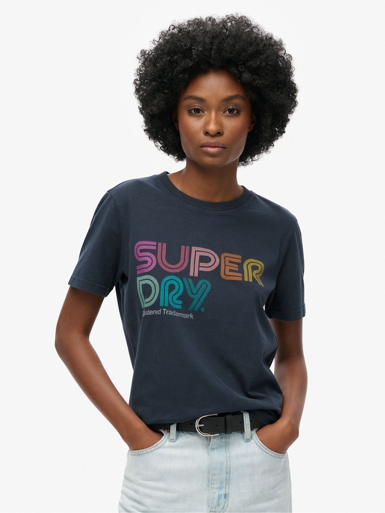 Superdry Blue Rainbow Logo Relaxed 100% Cotton T-Shirt - Image 1 of 3