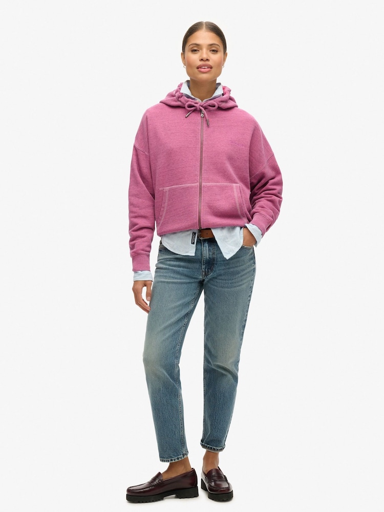Superdry Pink Essential Logo Overdyed Zip 100% Cotton Hoodie - Image 2 of 3