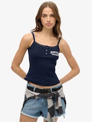 Superdry Blue Athletic Essentials Graphic Button 100% Cotton Camisole - Image 1 of 3