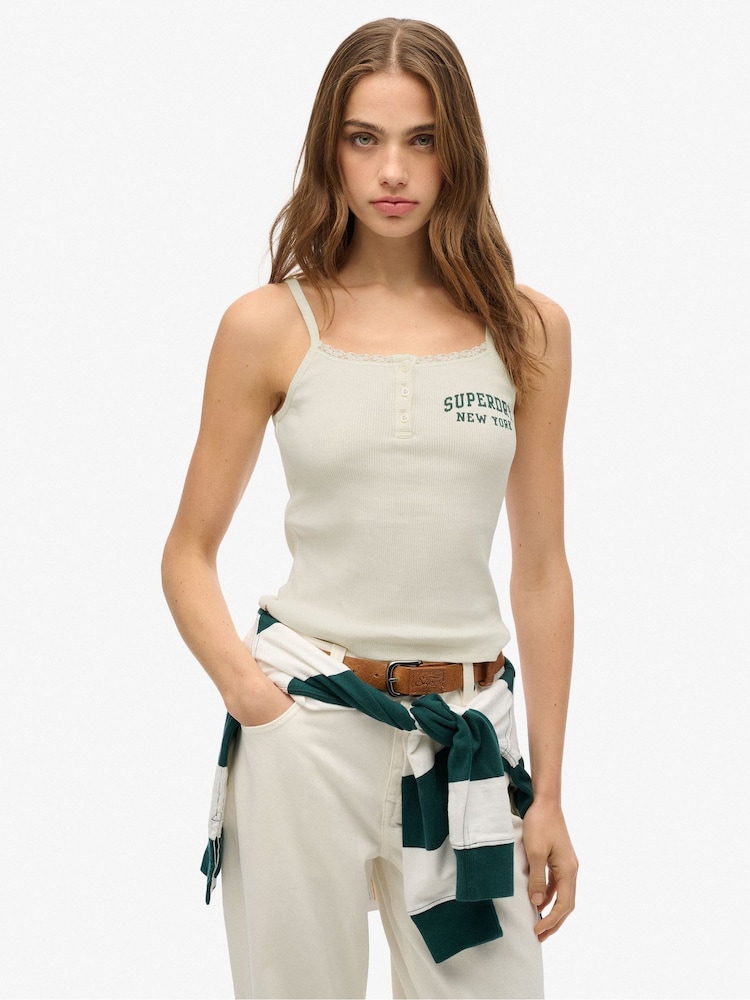Superdry White Athletic Essentials Graphic Button 100% Cotton Cami Top - Image 1 of 3
