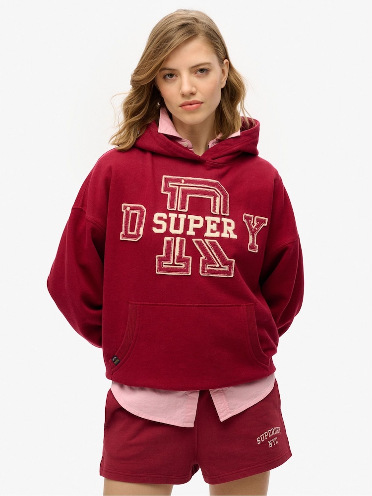 Superdry Red Athletic Essentials Appliqué Relaxed 100% Cotton Hoodie - Image 1 of 3