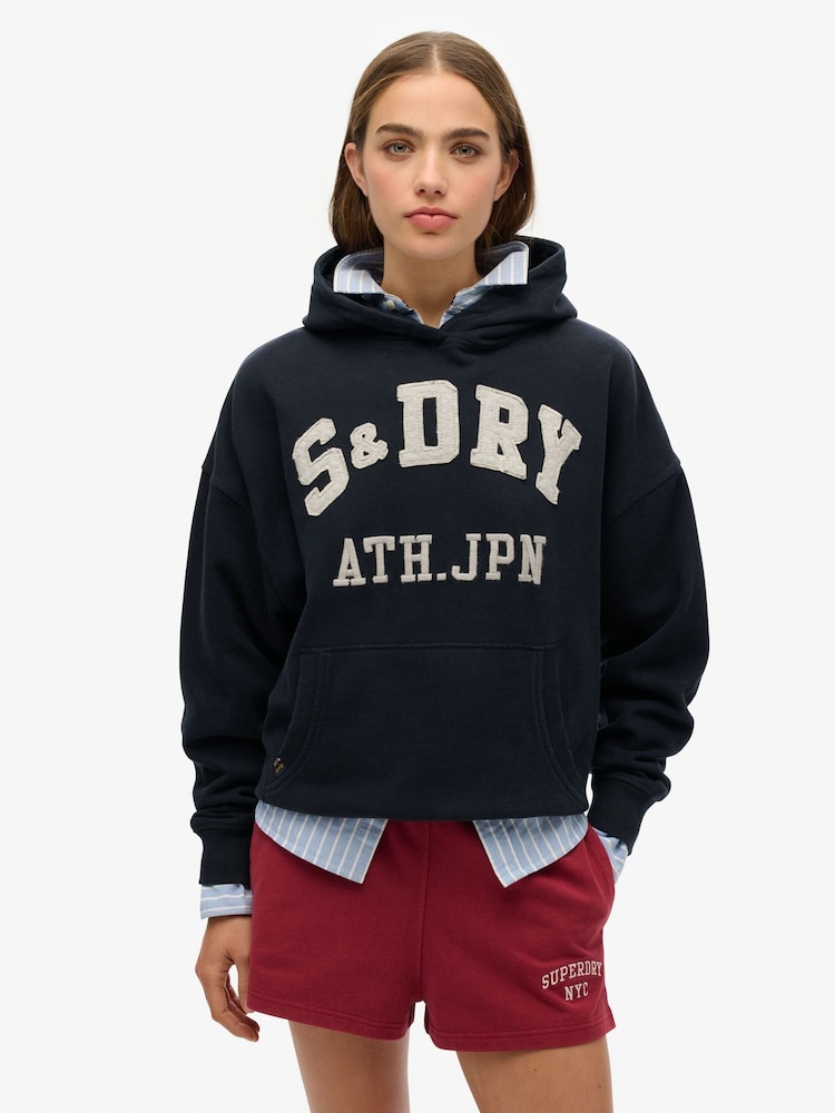 Superdry Blue Athletic Essentials Appliqué Relaxed 100% Cotton Hoodie - Image 1 of 3