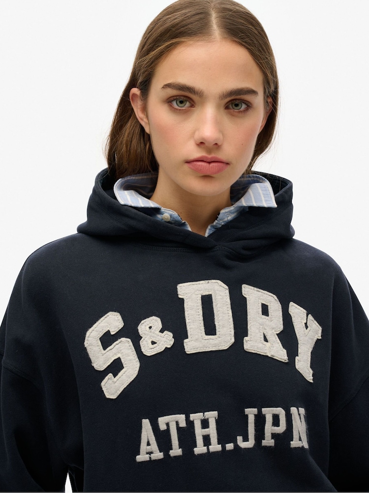 Superdry Blue Athletic Essentials Appliqué Relaxed 100% Cotton Hoodie - Image 3 of 3