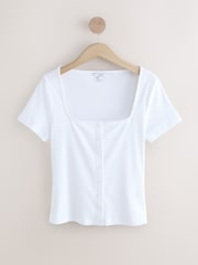 White Short Sleeve Ribbed Button Through Top - Image 1 of 3