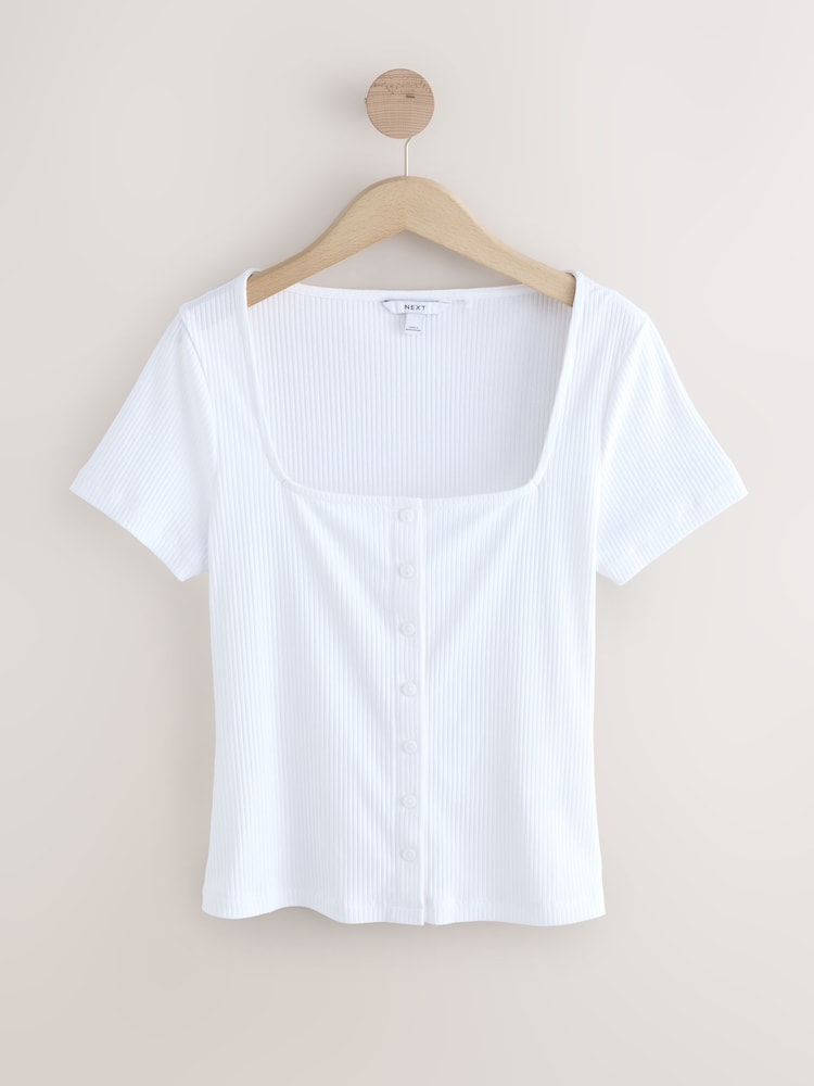 White Short Sleeve Ribbed Button Through Top - Image 1 of 3