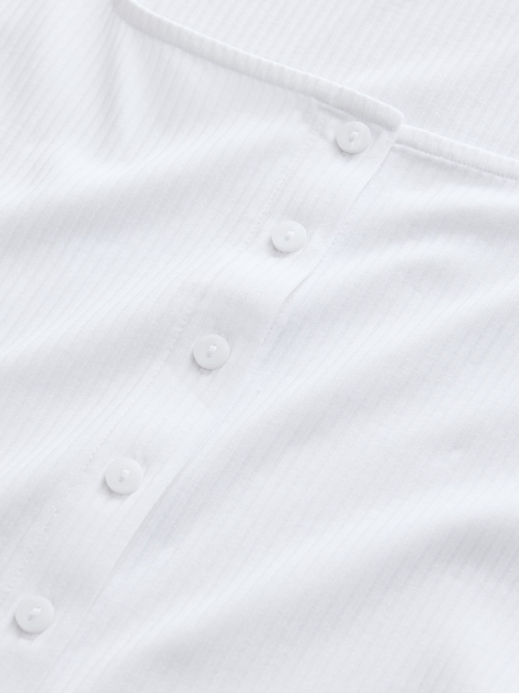 White Short Sleeve Ribbed Button Through Top - Image 3 of 3