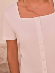 White Short Sleeve Ribbed Button Through Top - Image 4 of 7