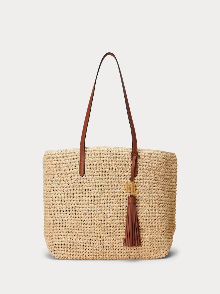 Lauren Ralph Lauren Raffia Logo 100% Cotton Tan Brown Bag - Image 1 of 9