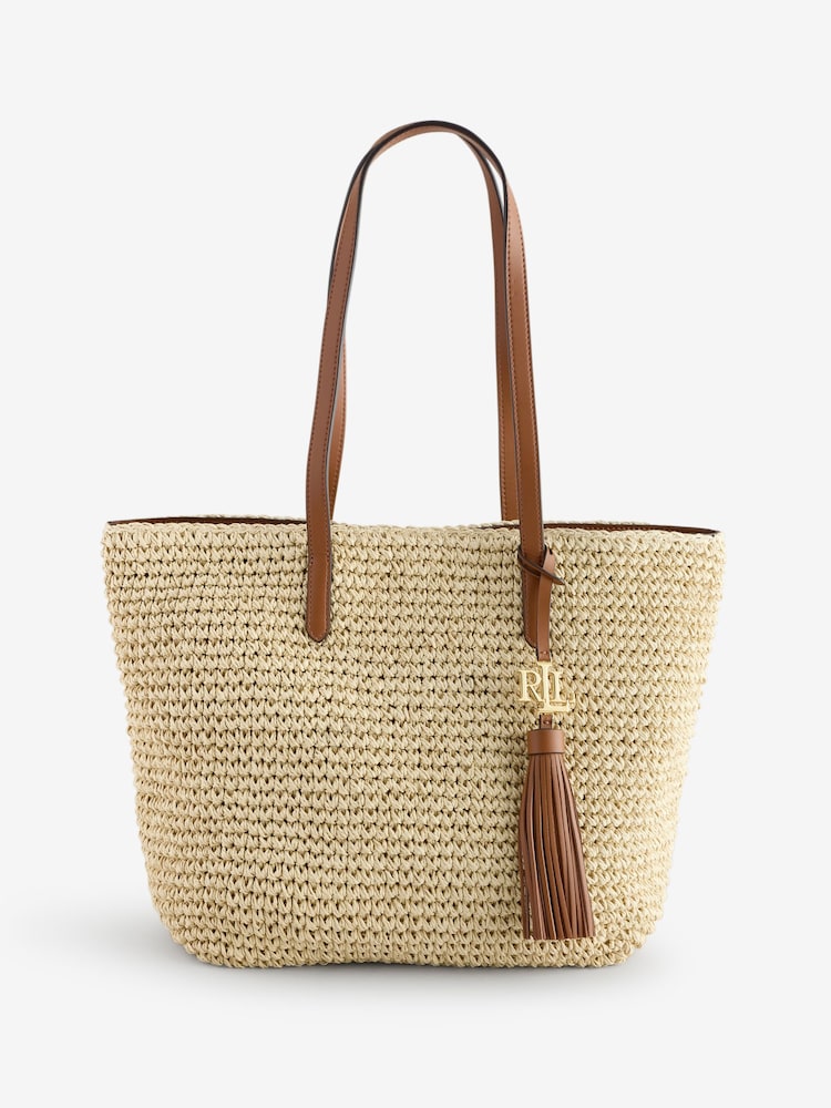 Lauren Ralph Lauren Raffia Logo 100% Cotton Tan Brown Bag - Image 2 of 9