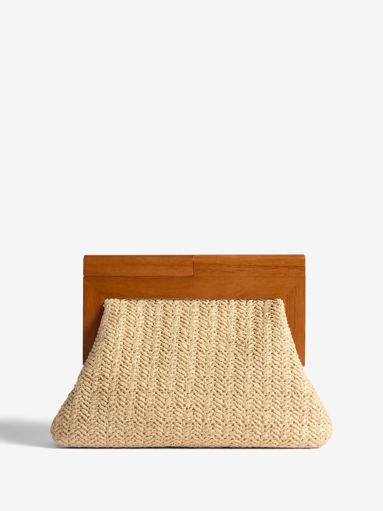 Lipsy Beige Raffia Clutch Bag With Wooden Handle - Image 1 of 6 Lipsy Beige Raffia Clutch Bag With Wooden Handle - Image 1 of 6