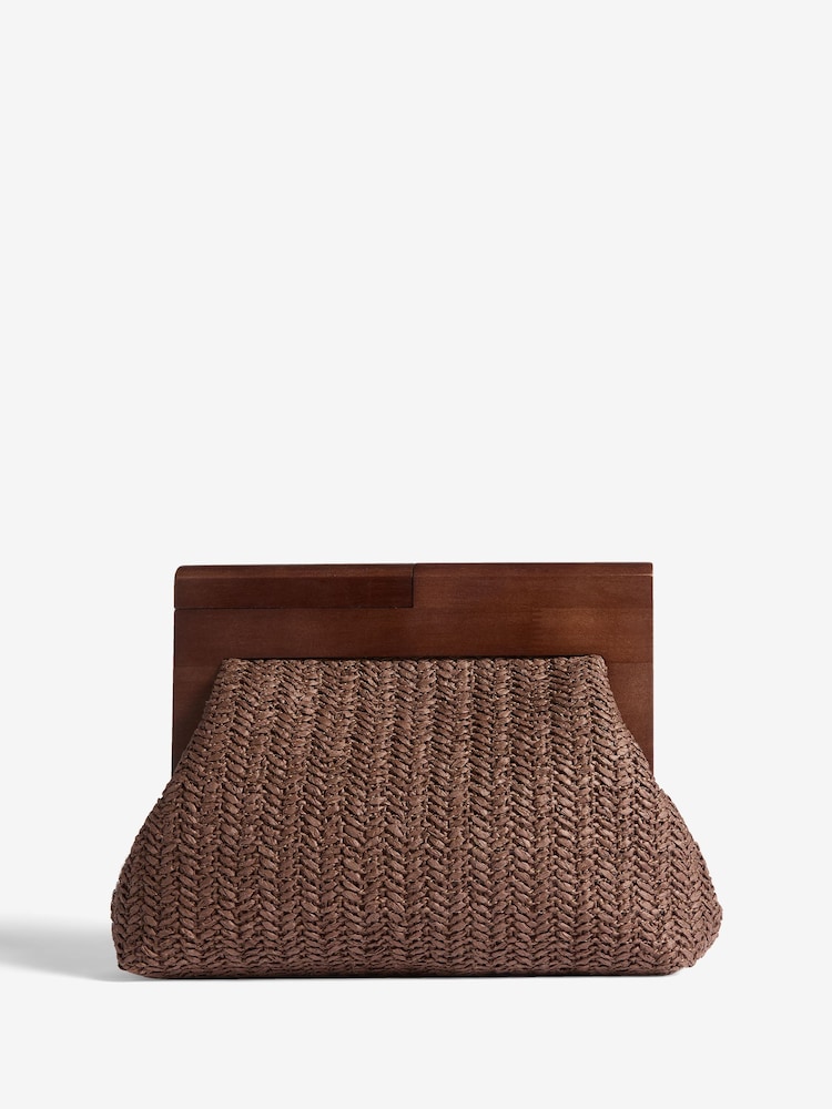 Lipsy Brown Raffia Clutch Bag With Wooden Handle - Image 1 of 6 Lipsy Brown Raffia Clutch Bag With Wooden Handle - Image 1 of 6