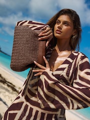 Lipsy Brown Raffia Clutch Bag With Wooden Handle - Image 2 of 6