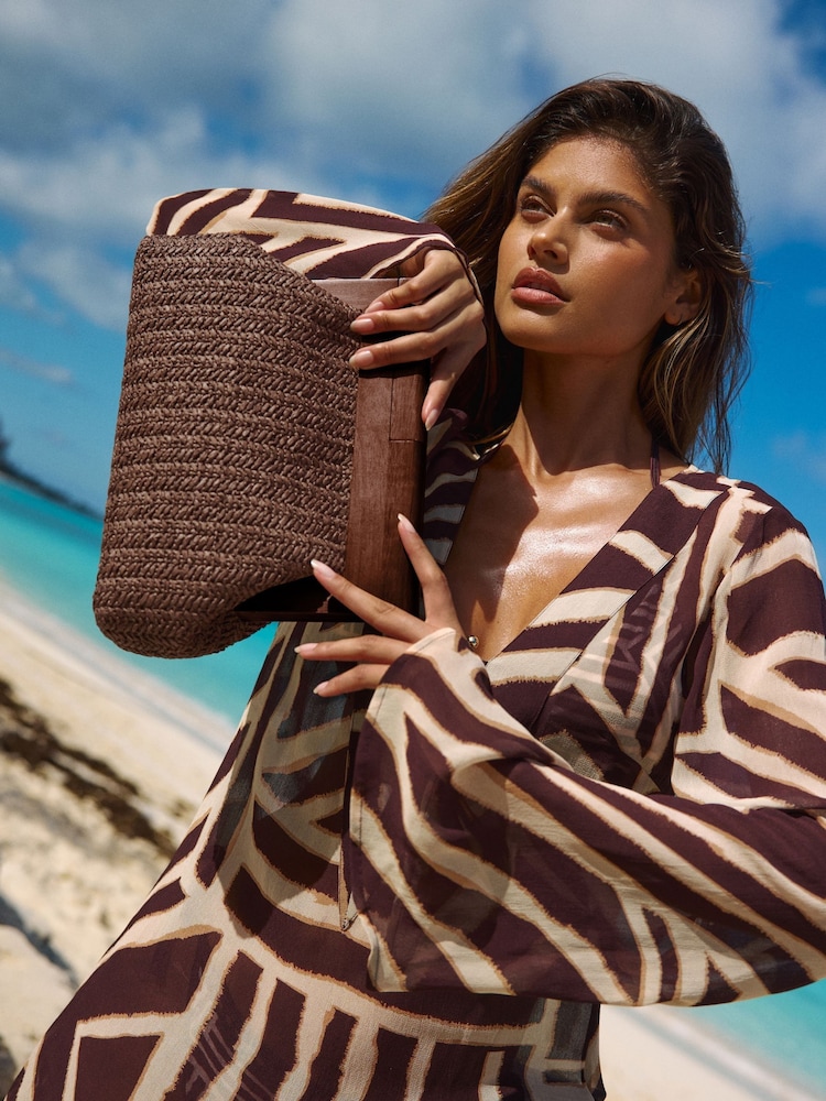 Lipsy Brown Raffia Clutch Bag With Wooden Handle - Image 2 of 6