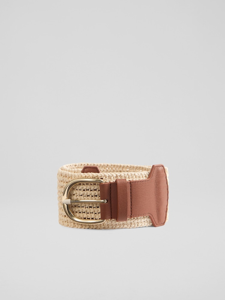 LK Bennett Brown Eliana Fabric & Nappa Leather Crochet Fabric Leather Belt - Image 1 of 2