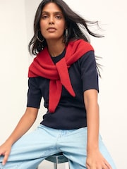 Navy Blue Super Soft Short Sleeve Knitted Top - Image 5 of 8