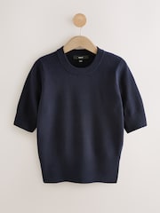 Navy Blue Super Soft Short Sleeve Knitted Top - Image 6 of 8