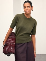 Khaki Green Super Soft Short Sleeve Knitted Top - Image 1 of 8