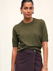Khaki Green Super Soft Short Sleeve Knitted Top - Image 2 of 8