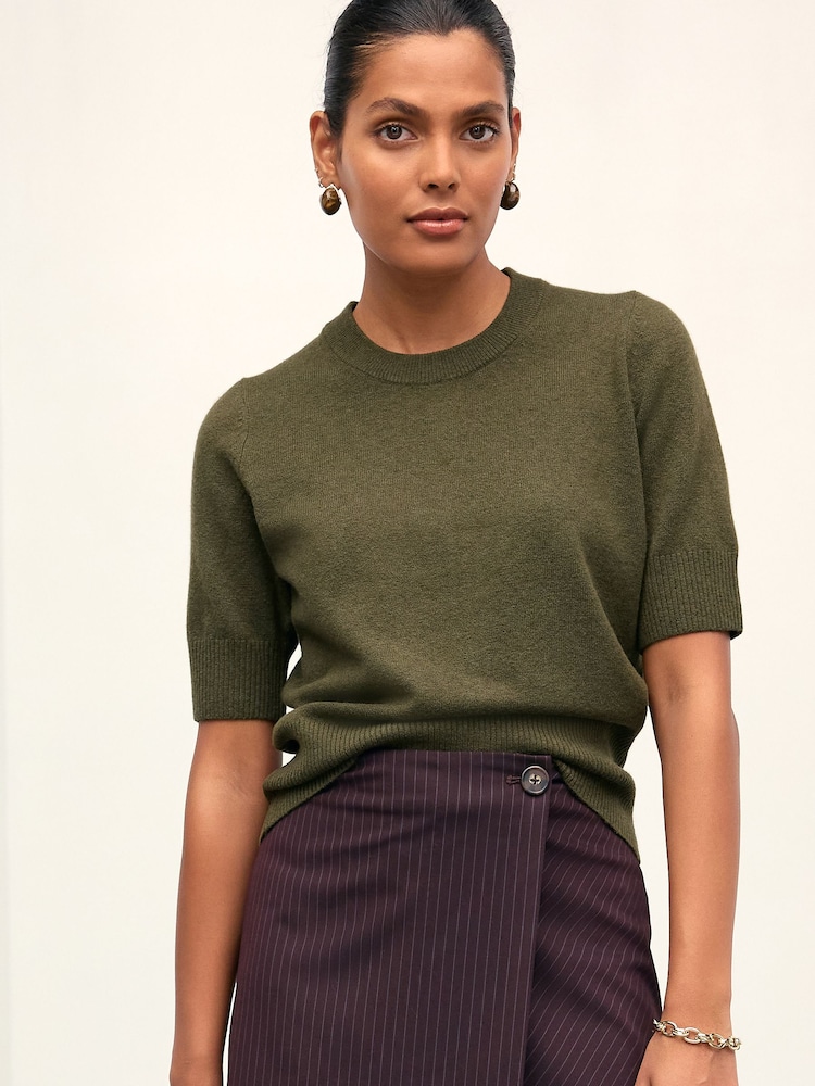 Khaki Green Super Soft Short Sleeve Knitted Top - Image 2 of 8