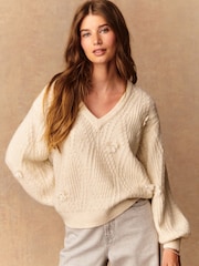 Ecru Stitch V-Neck Bow Argyle Jumper - Image 1 of 9