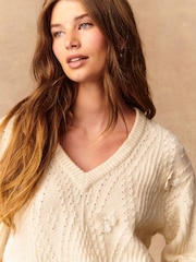 Ecru Stitch V-Neck Bow Argyle Jumper - Image 3 of 9