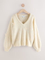 Ecru Stitch V-Neck Bow Argyle Jumper - Image 7 of 9