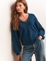 Blue Stitch V-Neck Bow Argyle Jumper - Image 3 of 9