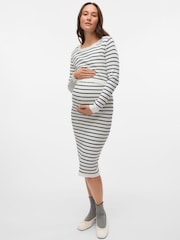 Mamalicious White Maternity Striped Knit Midi Dress With Nursing Function - Image 1 of 7