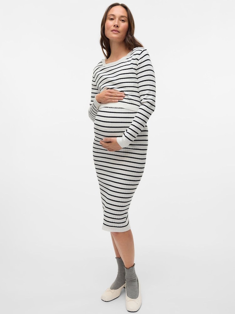 Mamalicious White Maternity Striped Knit Midi Dress With Nursing Function - Image 1 of 7