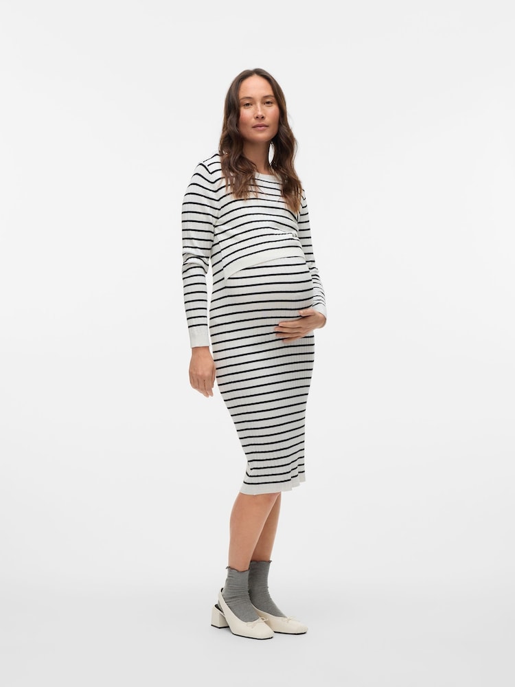Mamalicious White Maternity Striped Knit Midi Dress With Nursing Function - Image 3 of 7
