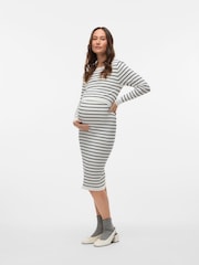 Mamalicious White Maternity Striped Knit Midi Dress With Nursing Function - Image 4 of 7