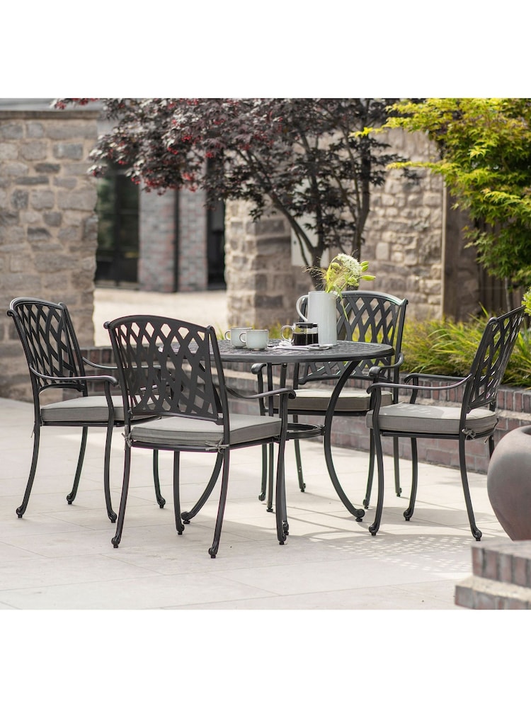 Bramblecrest Black Rome Garden Square Table with 4 Armchairs and Seat Square Cushions - Image 1 of 5