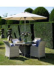Bramblecrest Willow Patagonia Garden Round Rattan Table with 4 Seater Armchairs and Parasol Set - Image 1 of 4
