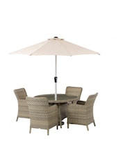 Bramblecrest Willow Patagonia Garden Round Rattan Table with 4 Seater Armchairs and Parasol Set - Image 4 of 4