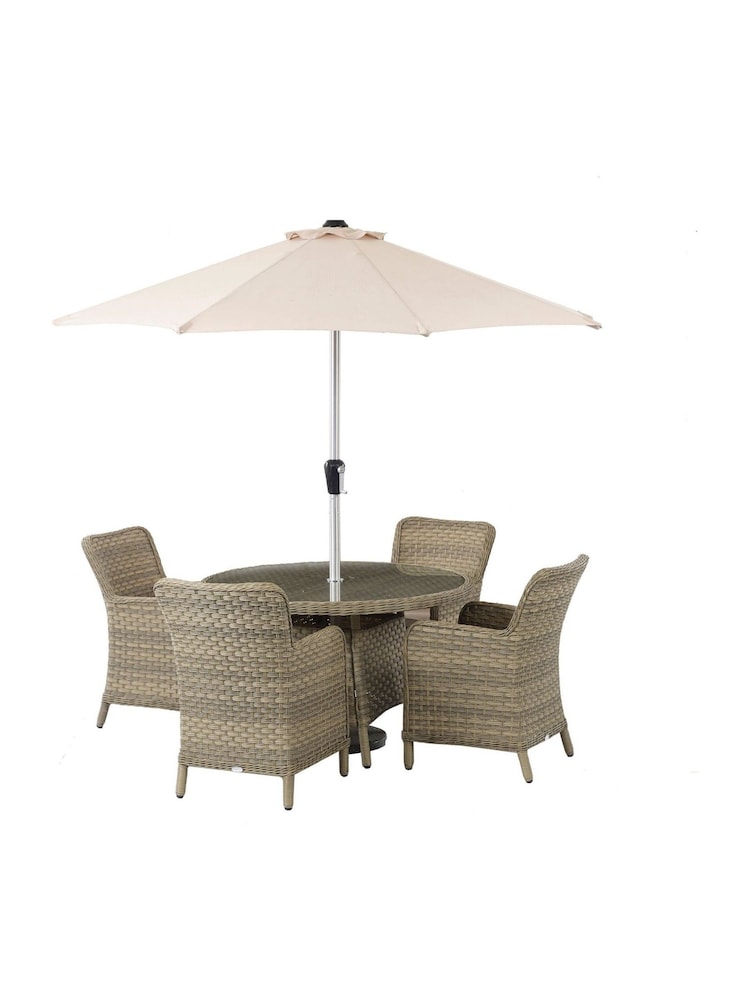 Bramblecrest Willow Patagonia Garden Round Rattan Table with 4 Seater Armchairs and Parasol Set - Image 4 of 4