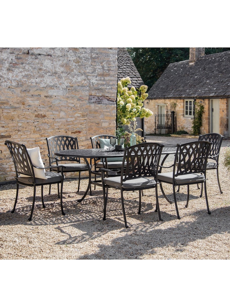 Bramblecrest Black Rome Garden Rectangular Table with 6 Armchairs and Seat Cushions - Image 1 of 5